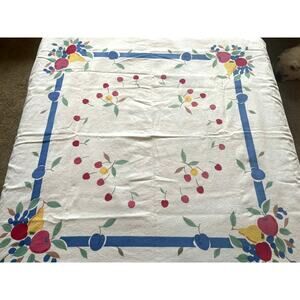 Vintage Fruit Print Cotton Tablecloth 44.5 x 45.5 Colorful Mid Century Kitchen